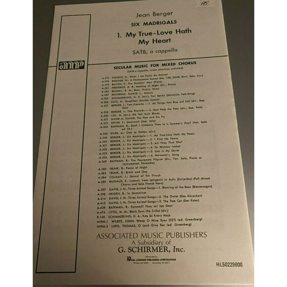 2 copies of Jean Berger "Six Madrigals 1. My True-Love Hath My Heart" SATB A Cap - Picture 1 of 5